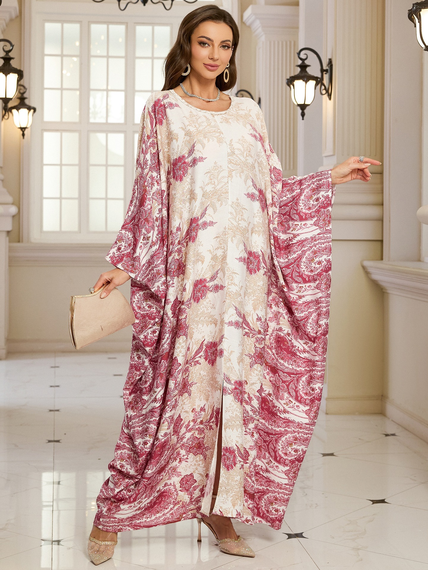 Geometric Pattern Kaftan Maxi Dress with Long Batwing Sleeves for Beach Cover Up